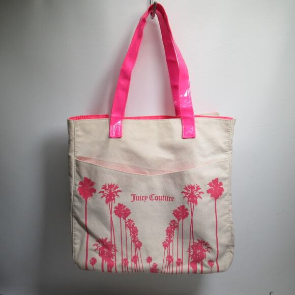 Juicy Couture Handbags - Juicy Couture Canvas Palm Trees Beach Tote Handbag L Ivory Hot Pink Lined Bag